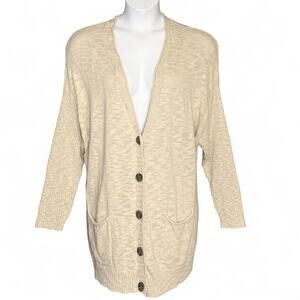 J.Jill Long Textured Cardigan Plus 3X Beige Oatmeal V Neck Pockets Cozy Cottage